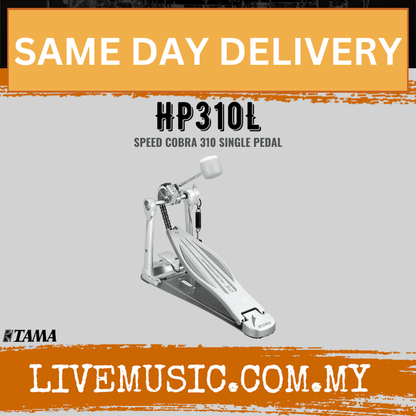 Single bass drum pedal with Tama Speed Cobra beater and chrome footboard