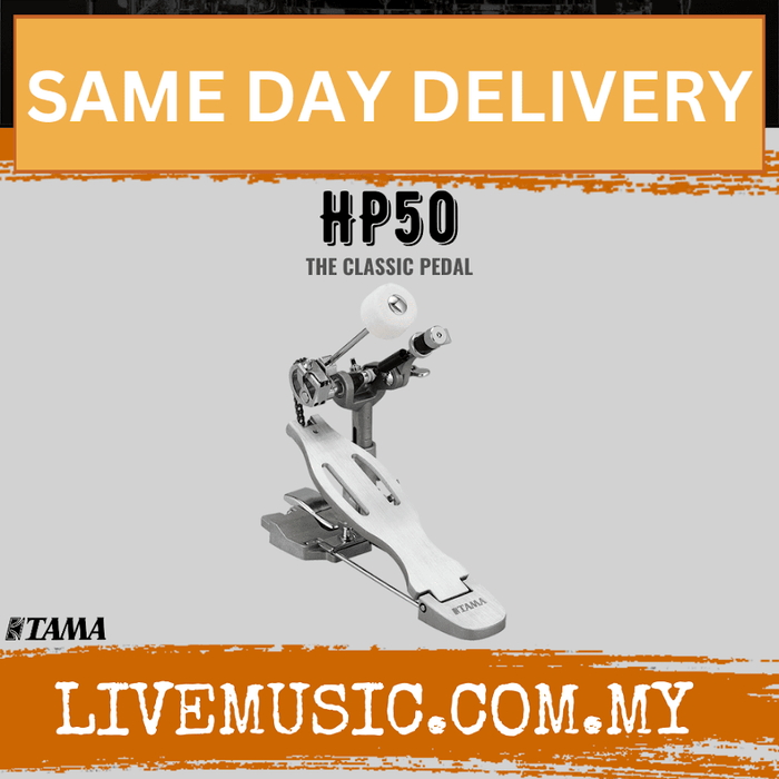 Tama HP50 classic single bass drum pedal with metal beater and white footboard