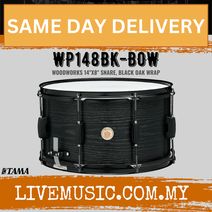 Black 8x14 woodworks snare drum with black oak wrap, chrome lugs, and head badge