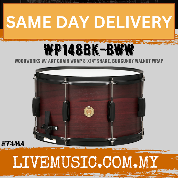8x14 snare drum with burgundy walnut wood wrap and black metal hardware