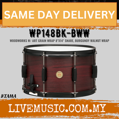 8x14 snare drum with burgundy walnut wood wrap and black metal hardware