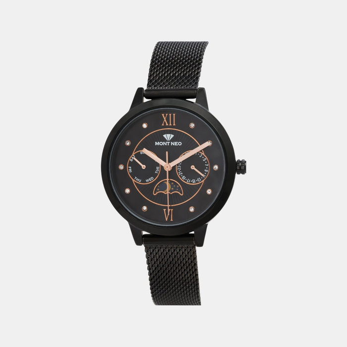 Women Quartz Black Dial Multi-Function Stainless Steel Watch 9003M-B4404